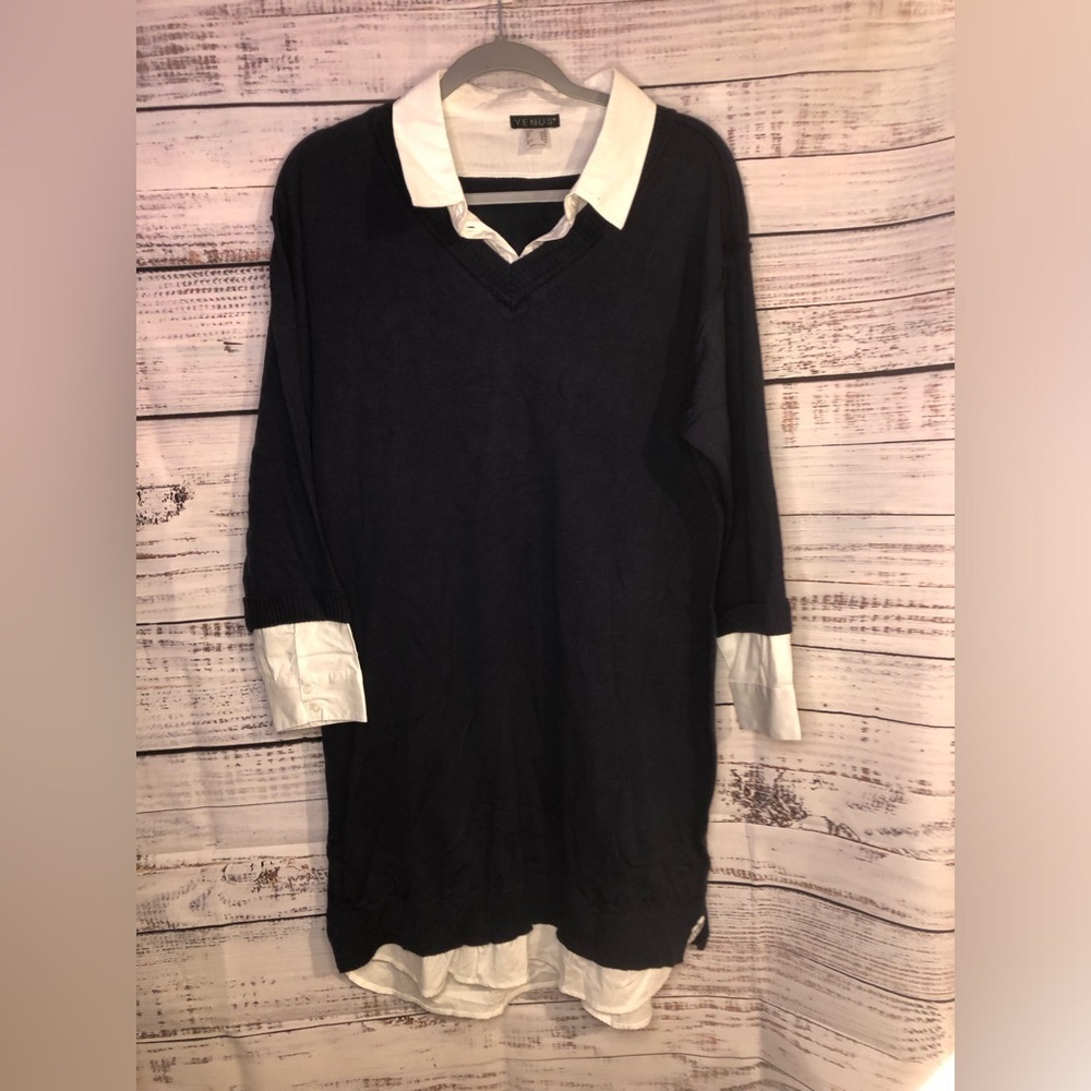 Navy Blue Layered Sweater Dress - Picture 2 of 15